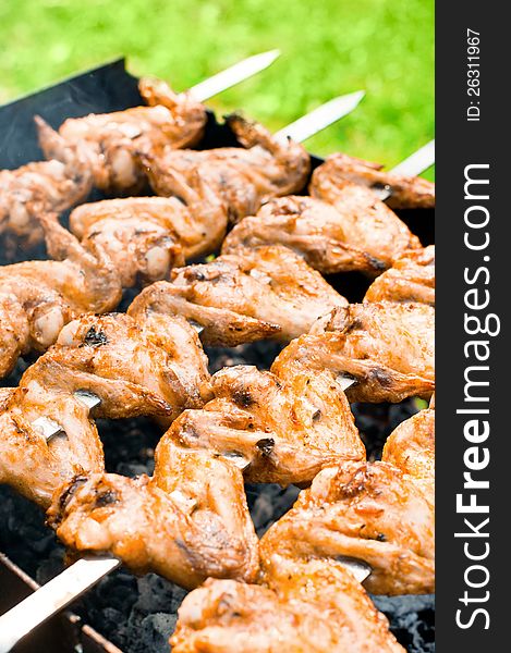 Delicious juicy chicken wings on outdoors grill. Delicious juicy chicken wings on outdoors grill