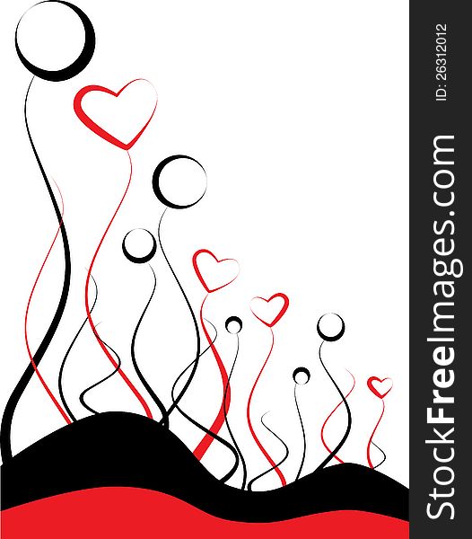 Flowers with rings and hearts, red and black illustration. Flowers with rings and hearts, red and black illustration.