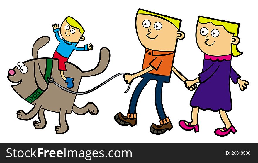 Illustration of a happy family taking a walk with their dog and their son riding on it. Illustration of a happy family taking a walk with their dog and their son riding on it