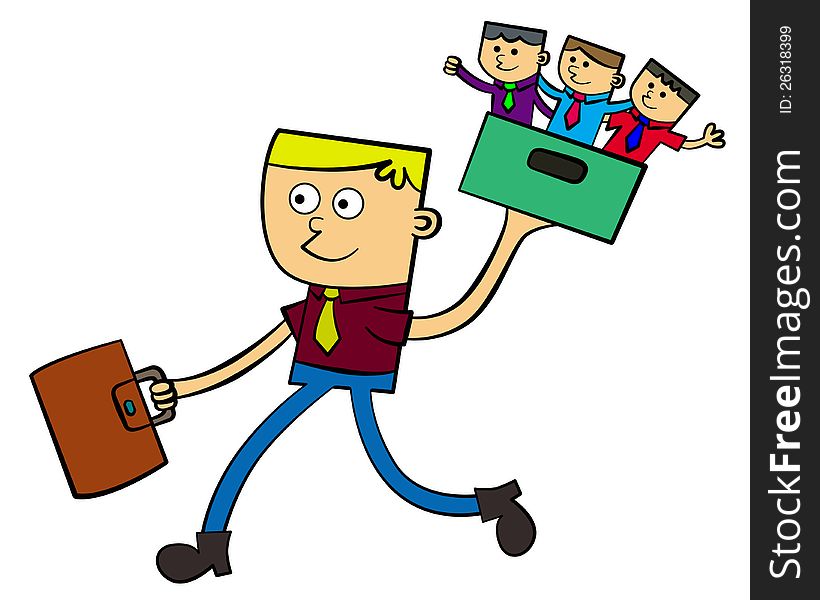 A business man illustration carrying a bag in one hand and the other hand carries a box with three business men. A business man illustration carrying a bag in one hand and the other hand carries a box with three business men