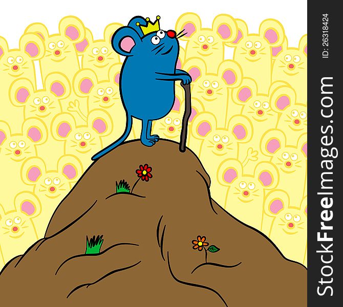 Illustration of a mouse king on top of a small hill with lots of mice looking at him. Illustration of a mouse king on top of a small hill with lots of mice looking at him