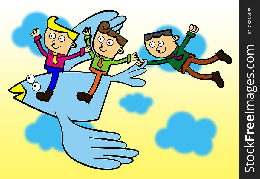 An illustration of three business men riding a giant blue bird. An illustration of three business men riding a giant blue bird