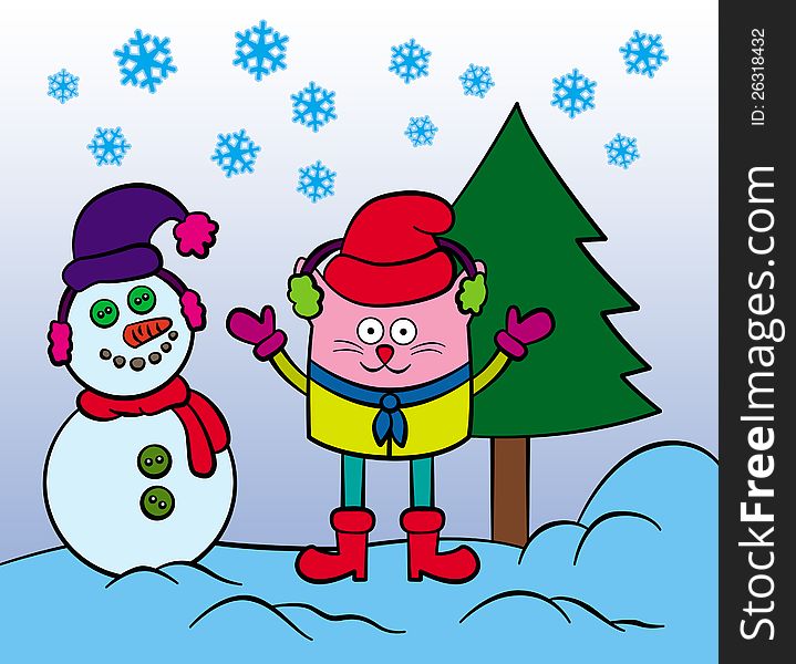 Cute illustration of a cat with a smiling snowman beside it. Cute illustration of a cat with a smiling snowman beside it