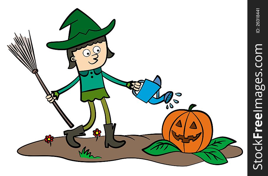 Illustration of a cute young witch watering a happy pumpkin. Illustration of a cute young witch watering a happy pumpkin