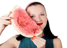Cute Brunette With Watermelon Stock Photography