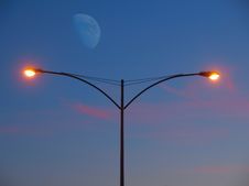 Streetlight At The Moon Rise Stock Photography