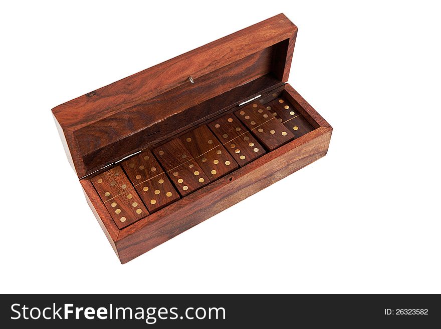 Wooden box with domino - on white background