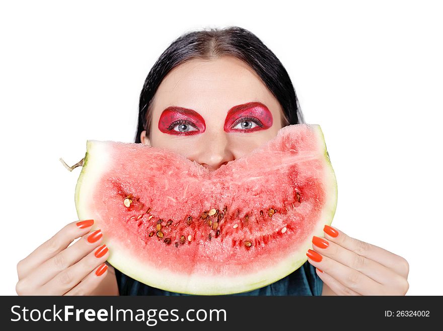 Brunette With Watermelon Isolated