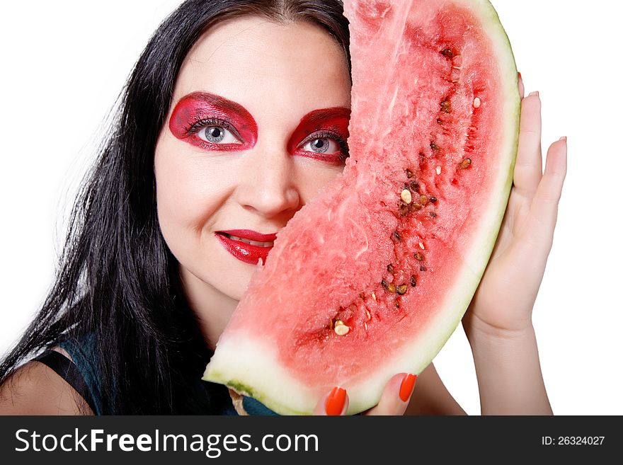 Pretty girl with watermelon isolated