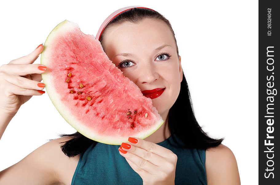 Cute brunette with watermelon isolated