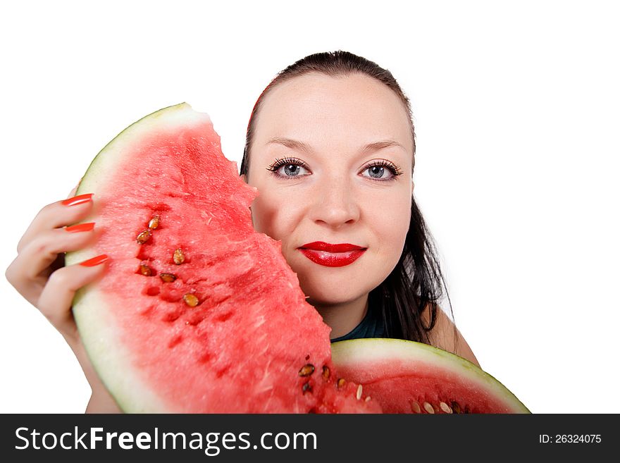 Brunette girl and fresh watermelon isolated