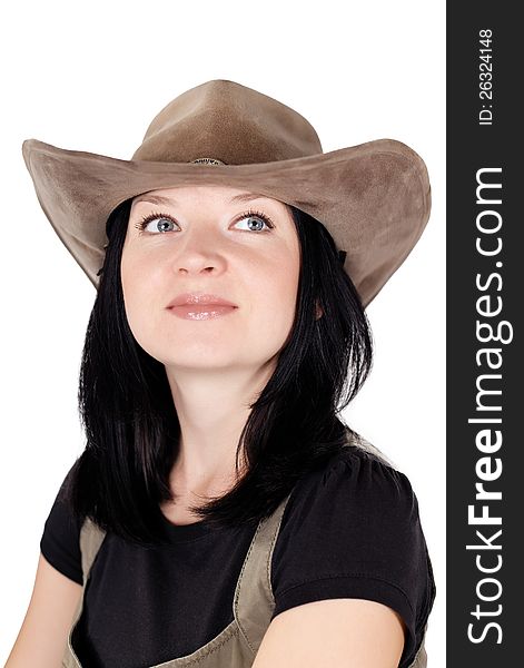 Portrait of brunette girl with a hat isolated on white background