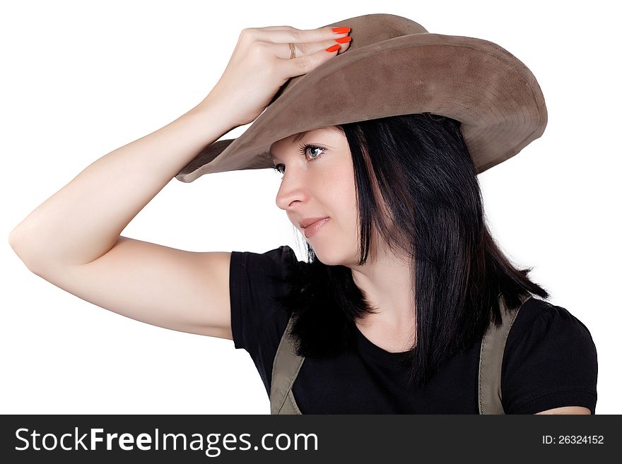 Portrait of a pretty girl with a hat isolated on white background
