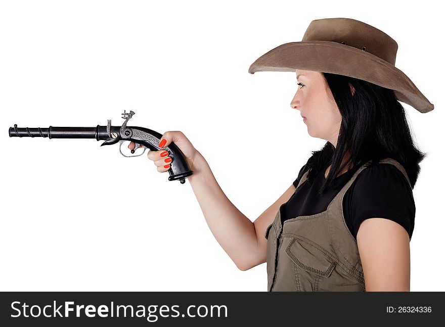 Girl with guns aiming isolated white background