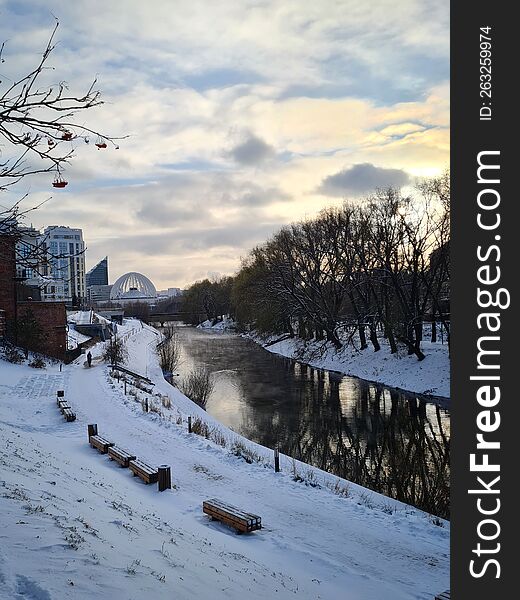 Winter cityscape with river, Yekaterinburg, Russia