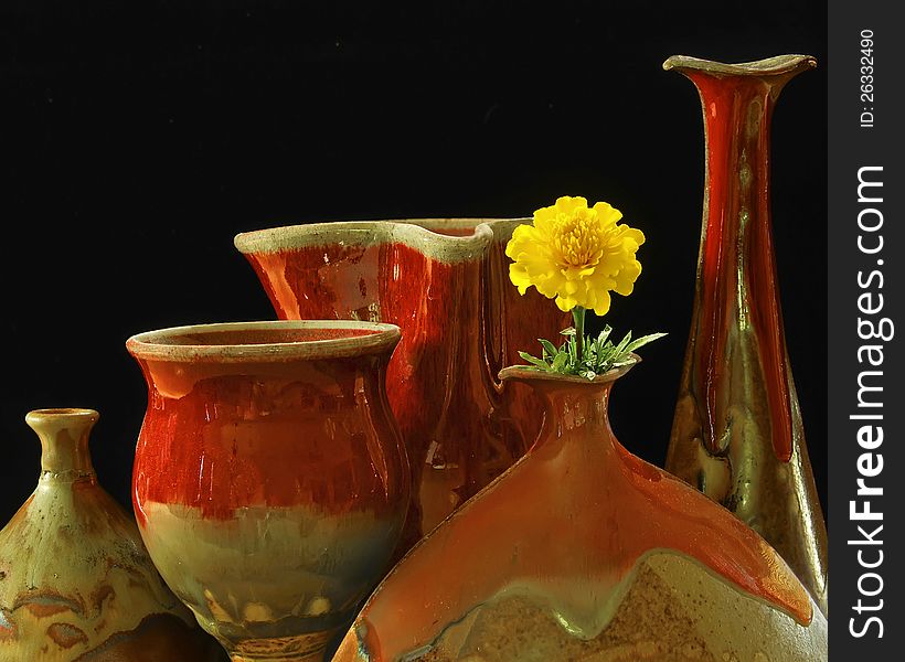 Still life image of a collection of North Carolina pottery and a single marigold flower. Still life image of a collection of North Carolina pottery and a single marigold flower.