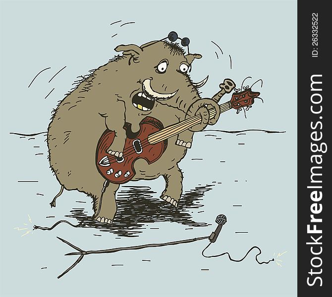 Vector cartoon. Elephant playing guitar.