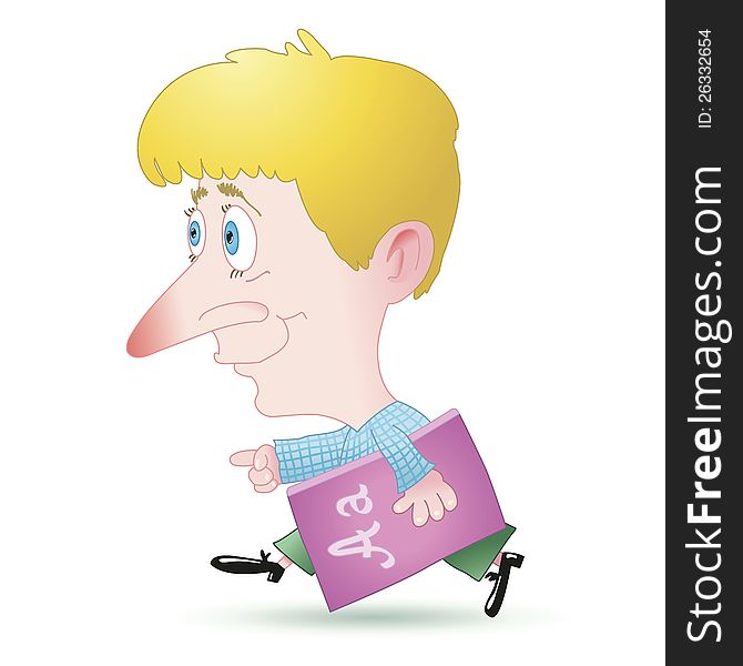 Vector Caricature personage schoolboy walking with a book. Vector Caricature personage schoolboy walking with a book