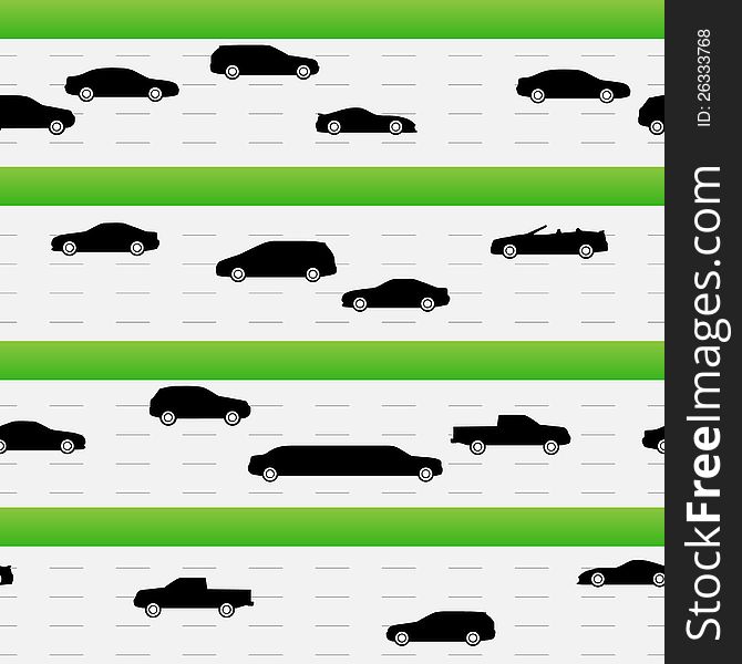 Highways traffic seamless texture with silhouettes of different cars