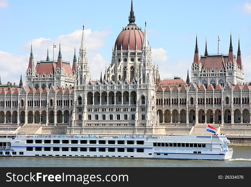 The parliament building with ship in Budapest, Hungary