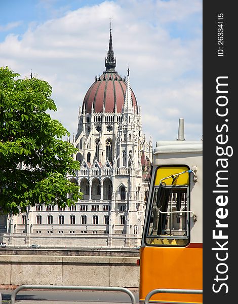 Tramway and parliament building in Budapest, Hungary