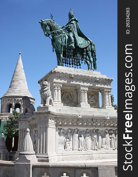 Saint Istvan statue and fisherman's bastion in Budapest, Hungary