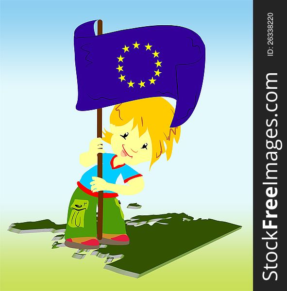 The boy with the flag of the European Union is on the contour of Europe
