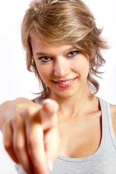 Beautiful Blonde Girl Pointing To The Camera Royalty Free Stock Photos Beautiful Blonde Girl Pointing To The Camera Royalty Free Stock Photos