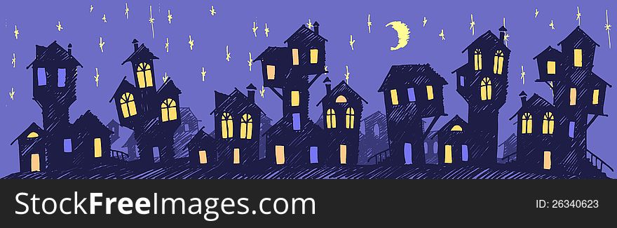 Illustration of a fantasy night town