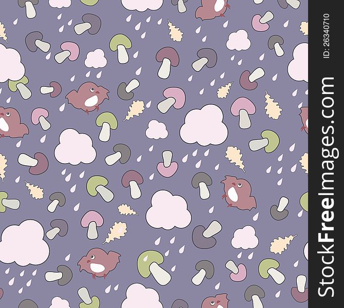 Cute colorful seamless pattern with clouds, birds and mushrooms. Autumn theme. Vector illustration. Cute colorful seamless pattern with clouds, birds and mushrooms. Autumn theme. Vector illustration