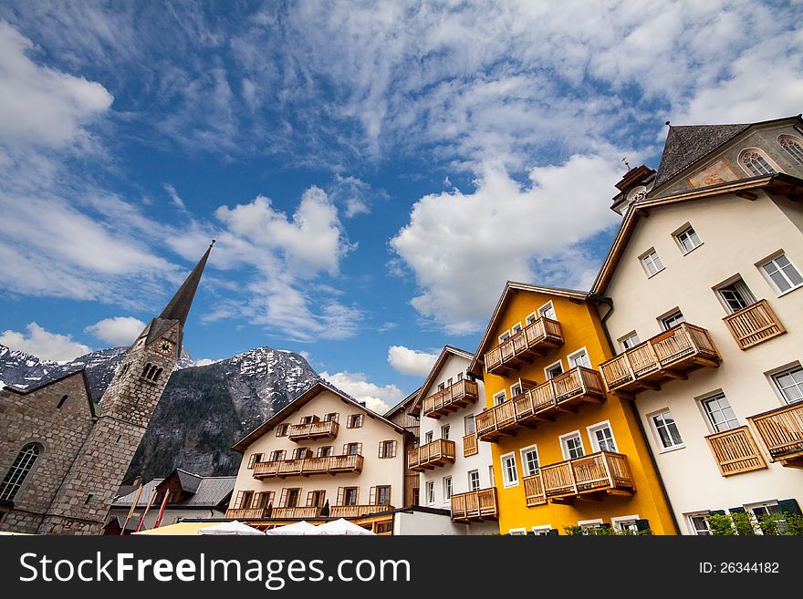 Street of beautiful summer Alpine Hallstatt Town. Street of beautiful summer Alpine Hallstatt Town