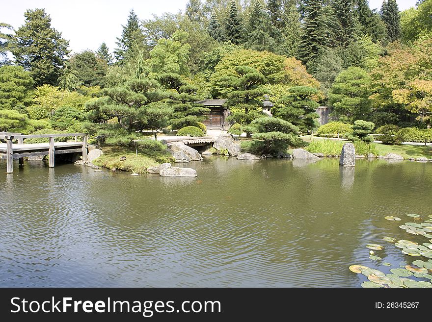 A picturesque Japanese garden with a beautiful pond.