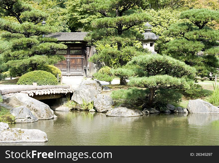 A picturesque Japanese garden with a beautiful pond. A picturesque Japanese garden with a beautiful pond.