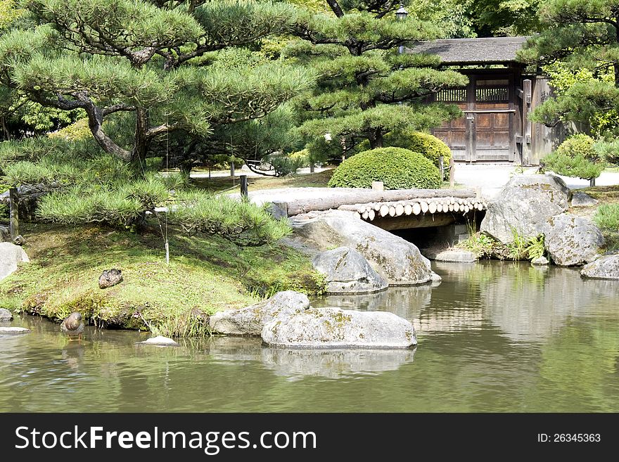 Japanese Garden With A Traditional Gate