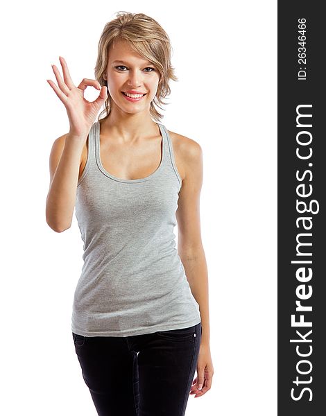 Happy Young Woman Doing The Ok Sign