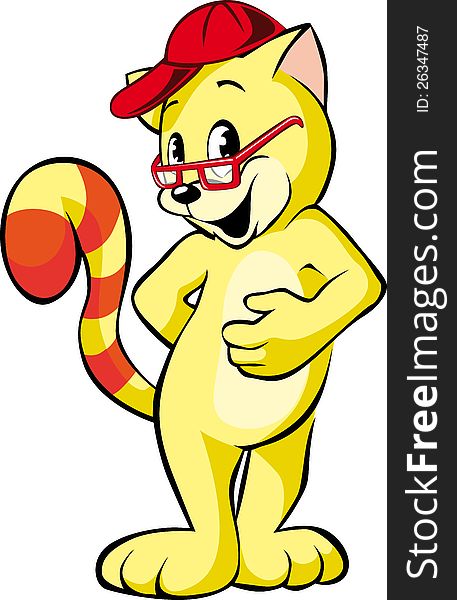 Yellow cat with red glasses on white background. Yellow cat with red glasses on white background