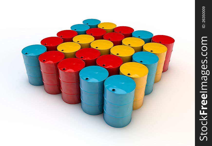 Red, blue and yellow barrels on white background. Red, blue and yellow barrels on white background