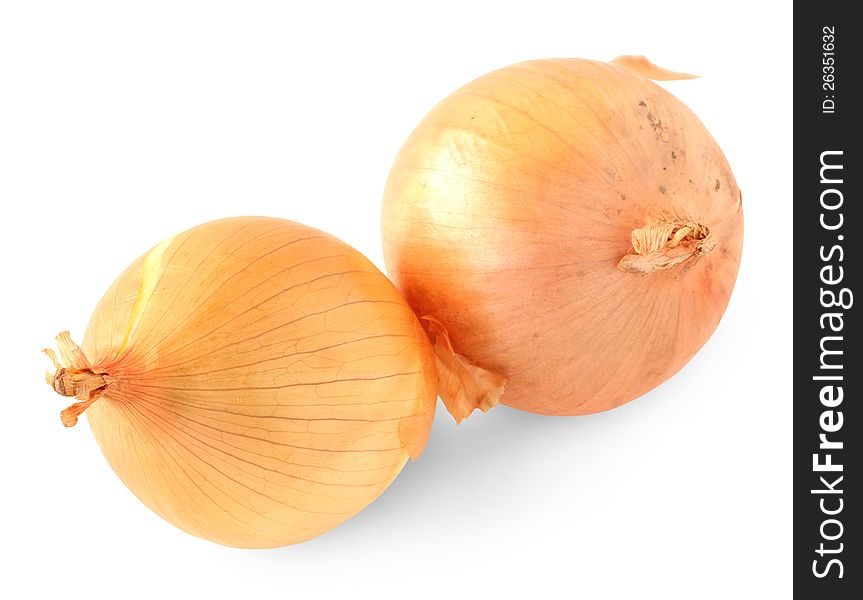 Yellow onions on white background with clipping path included.