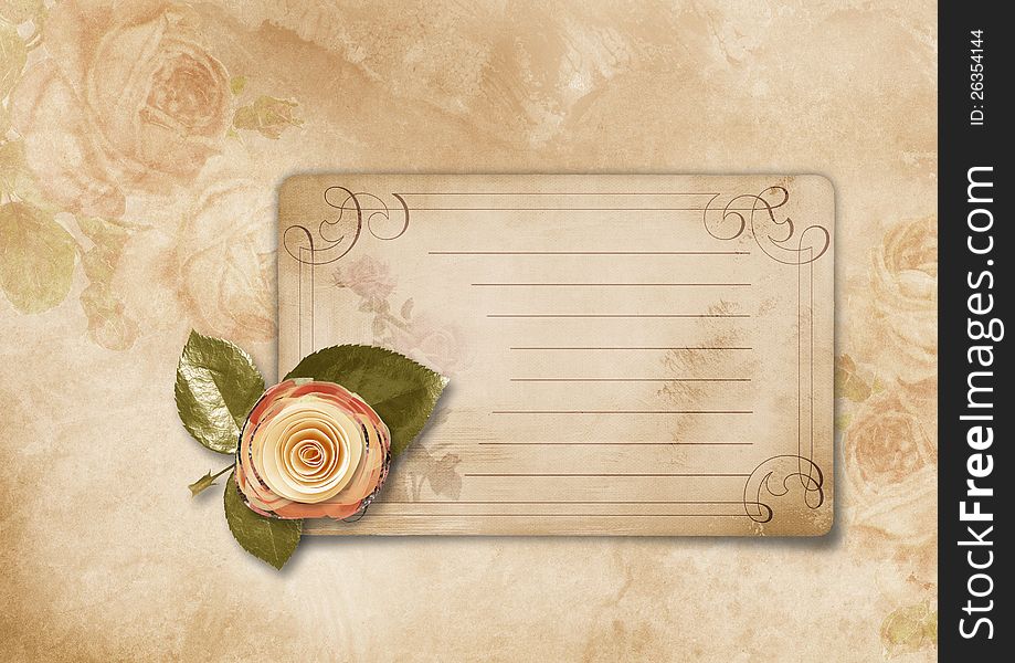 Victorian background with old card and paper rose. family album. Victorian background with old card and paper rose. family album