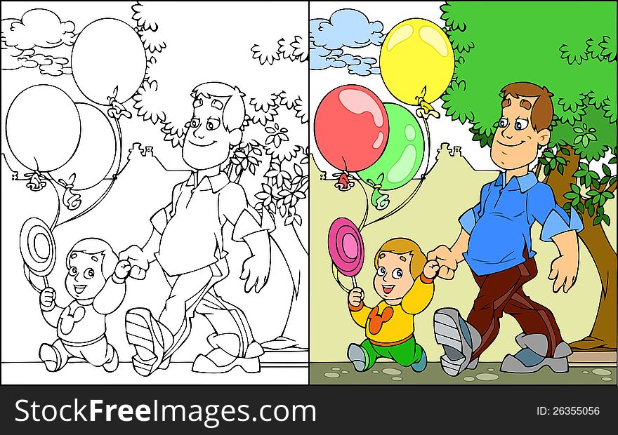 The illustration shows the father and son walking in the park. The illustration also shows a black-and-white contour variation. Illustration presented in cartoon style, on separate layers. The illustration shows the father and son walking in the park. The illustration also shows a black-and-white contour variation. Illustration presented in cartoon style, on separate layers.