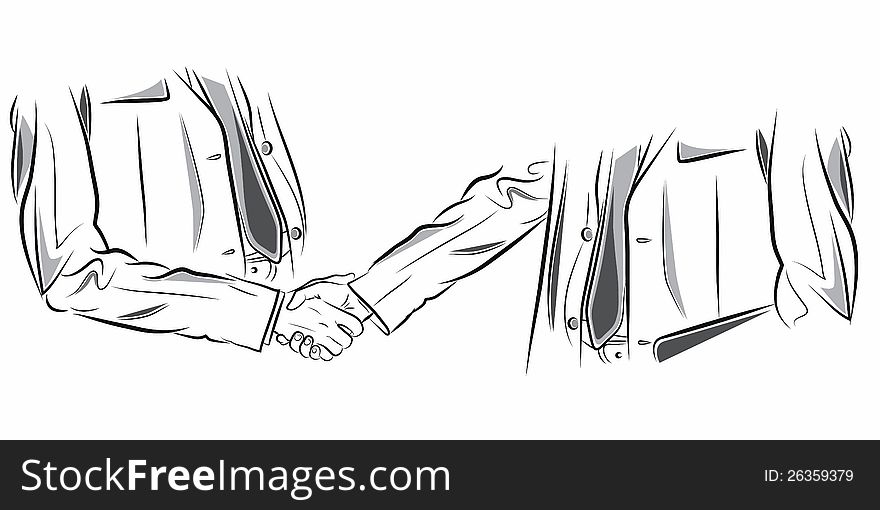 Business meeting, handshake black white illustration.