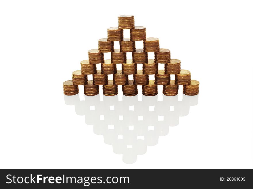 Pyramid made  of coins on white background. Pyramid made  of coins on white background