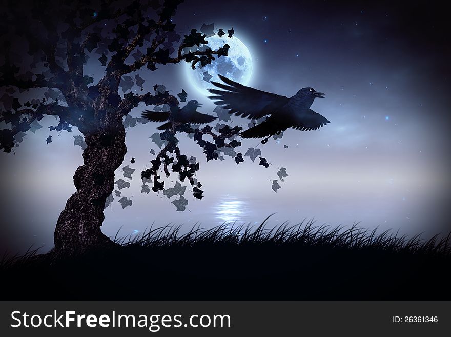 Illustration of black ravens and creepy tree at night. Illustration of black ravens and creepy tree at night.