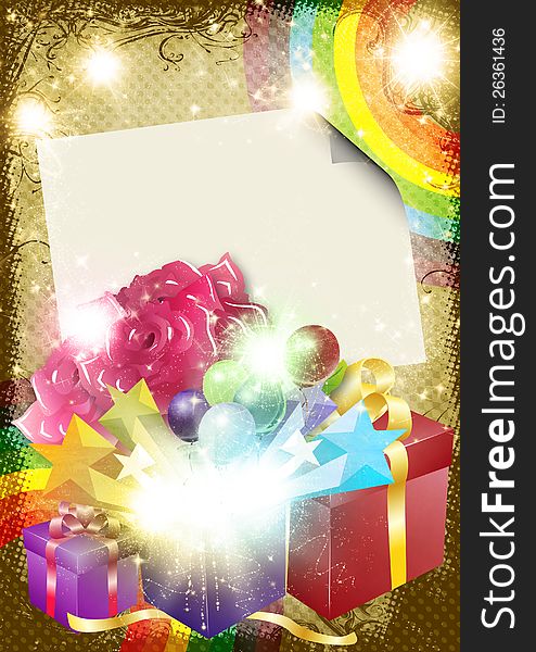 Illustration of celebration card with roses and gift boxes.