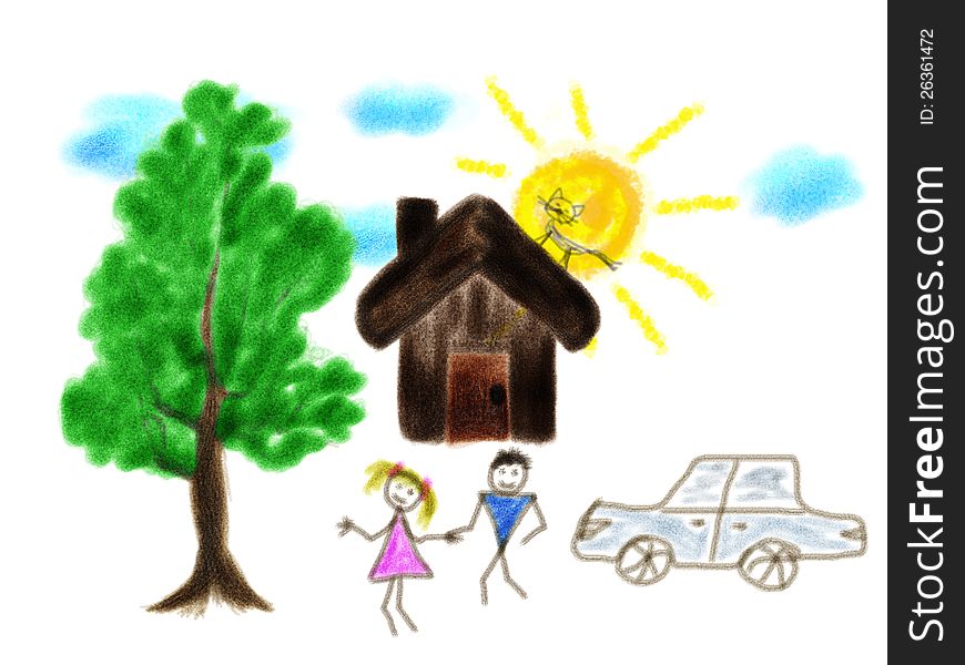 Drawing of a house, tree, girl and boy on white background. Drawing of a house, tree, girl and boy on white background.