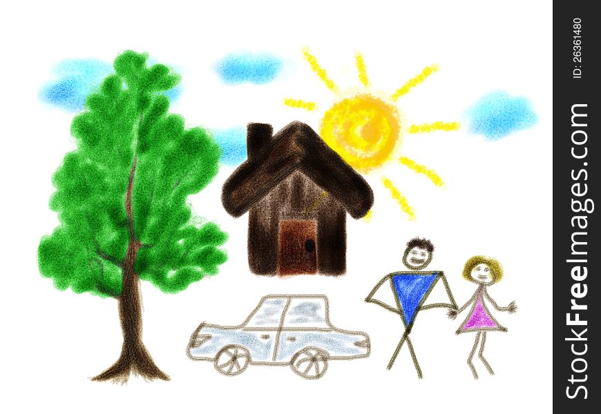 Drawing of a house, tree, man and woman on white background. Drawing of a house, tree, man and woman on white background.
