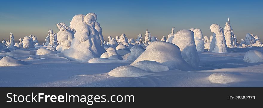 Northern Ural Mountains. Fantastic snow figures on trees. Frosty morning on border with Siberia. Northern Ural Mountains. Fantastic snow figures on trees. Frosty morning on border with Siberia.