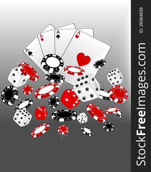 Illustration of casino background with chips, cubes and cards. Illustration of casino background with chips, cubes and cards.