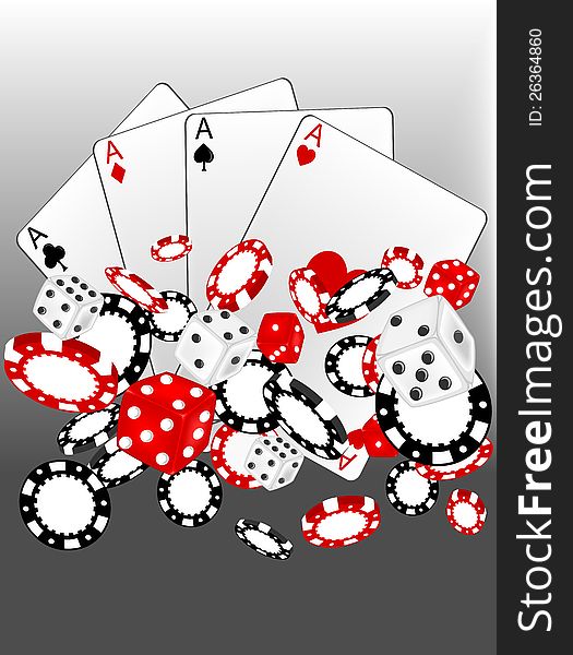 Illustration of casino background with cards, chips and cubes. Illustration of casino background with cards, chips and cubes.