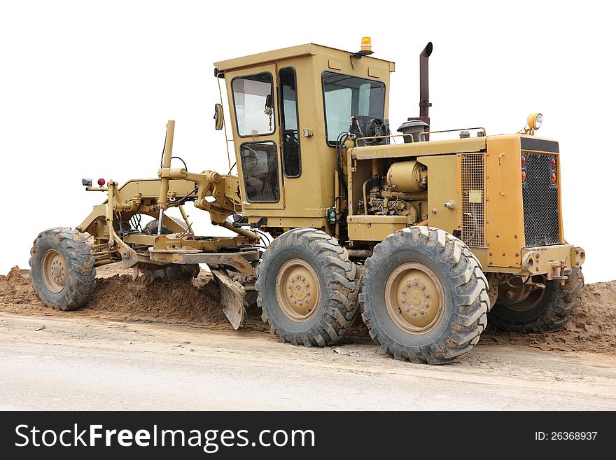 Grader road construction equipment, on white background with clipping path included.